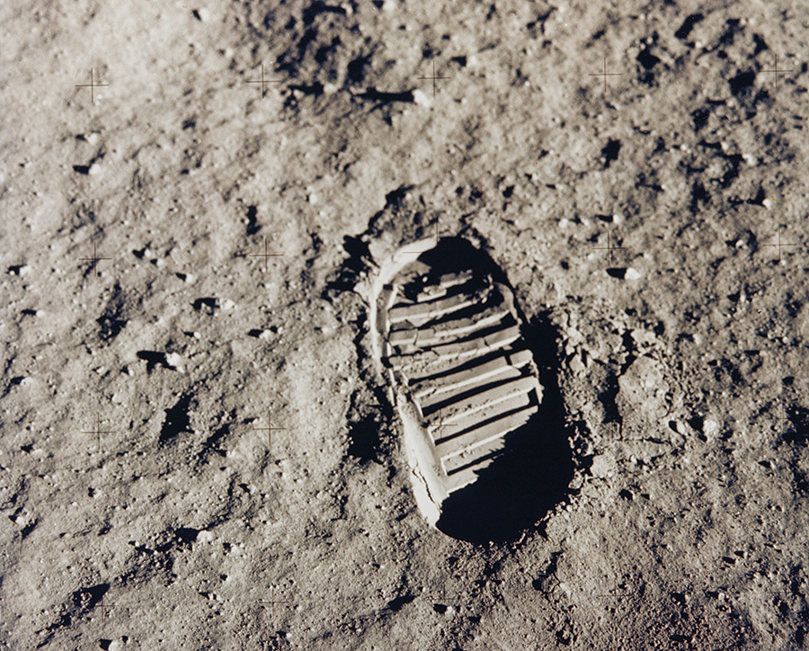 Aldrin’s footprint is captured in a photograph taken about one hour into man’s first walk on the moon